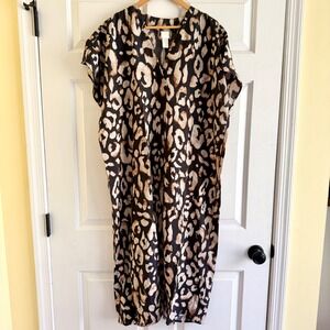 H&M Leopard Print V-Neck Kaftan Dress Cover Up‎ Black Beige Maxi Size XS